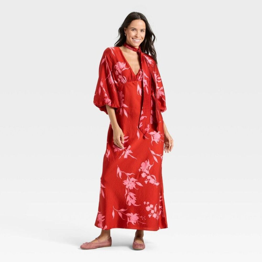 Women's Tie Neck Maxi Dress - A New Day Red Floral XS